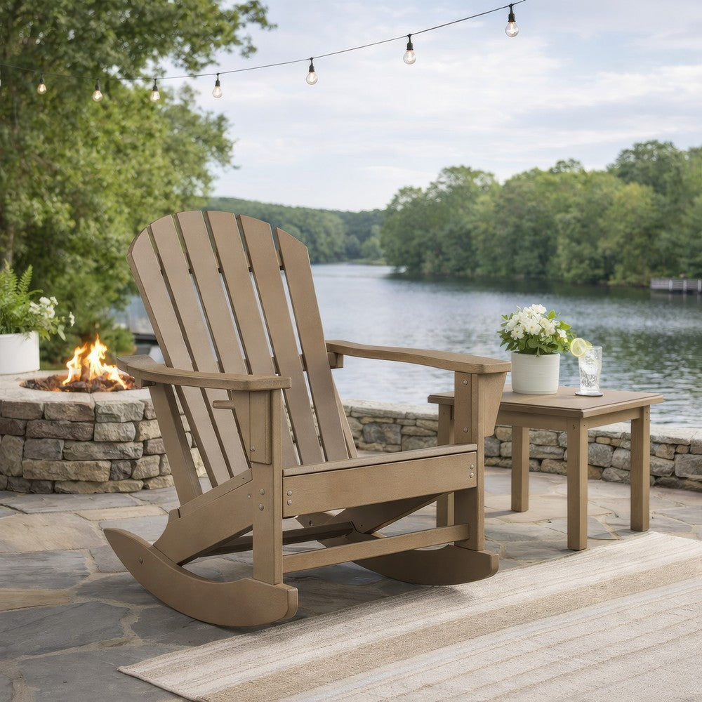Sami 35 Inch Outdoor Rocking Chair, Slatted Design, Modern Brown Finish - BM315950