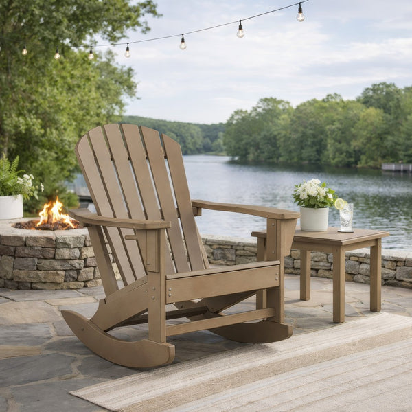 Sami 35 Inch Outdoor Rocking Chair, Slatted Design, Modern Brown Finish - BM315950