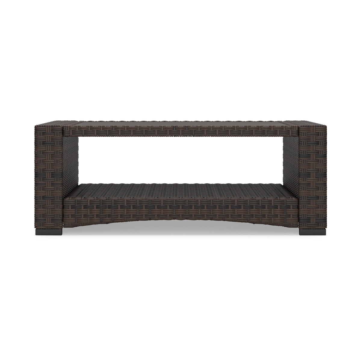 Zivi 44 Inch Outdoor Coffee Table, Resin Wicker, 1 Bottom Shelf, Brown - BM315957