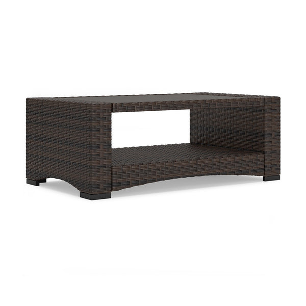 Zivi 44 Inch Outdoor Coffee Table, Resin Wicker, 1 Bottom Shelf, Brown - BM315957