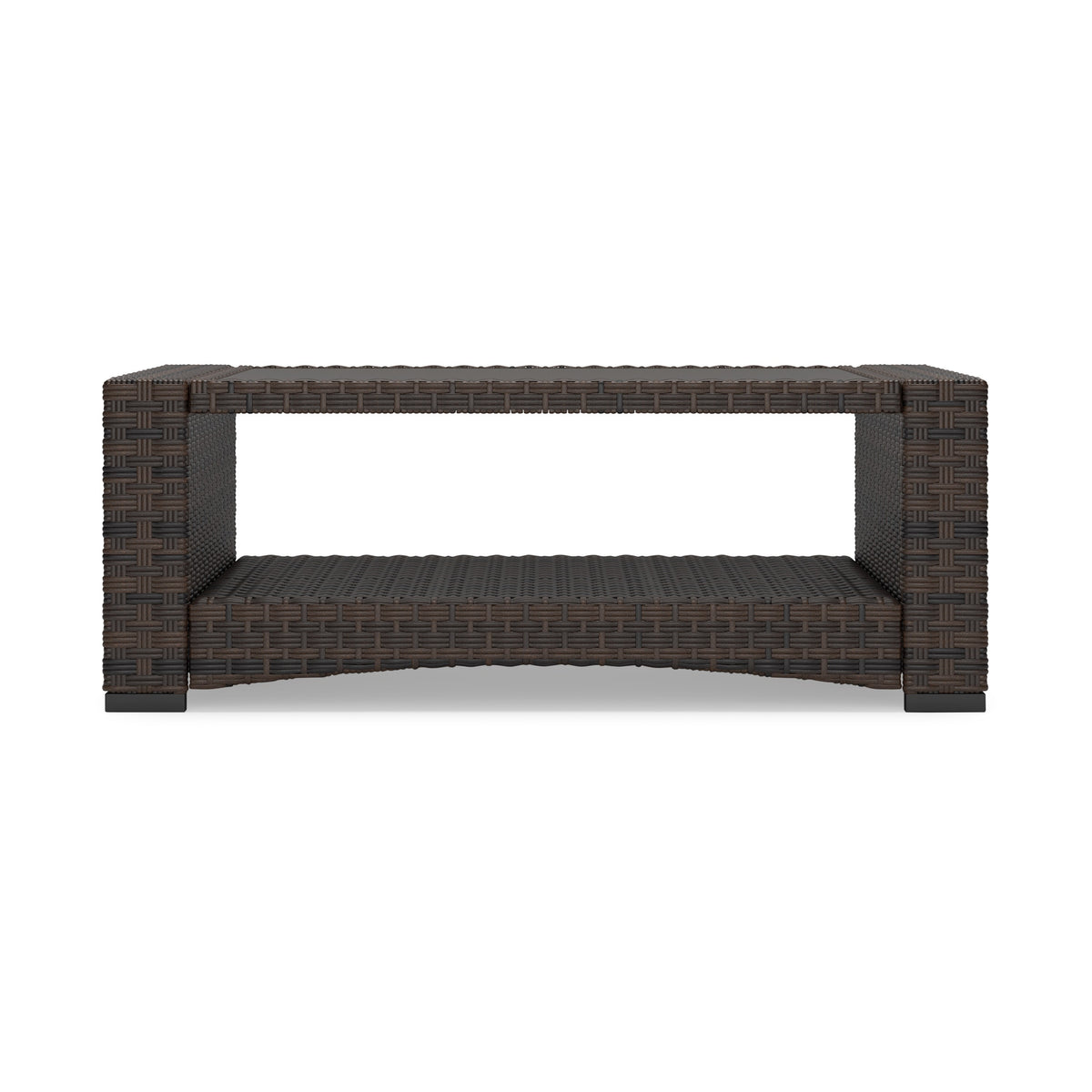 Zivi 44 Inch Outdoor Coffee Table, Resin Wicker, 1 Bottom Shelf, Brown - BM315957