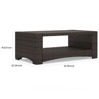 Zivi 44 Inch Outdoor Coffee Table, Resin Wicker, 1 Bottom Shelf, Brown - BM315957