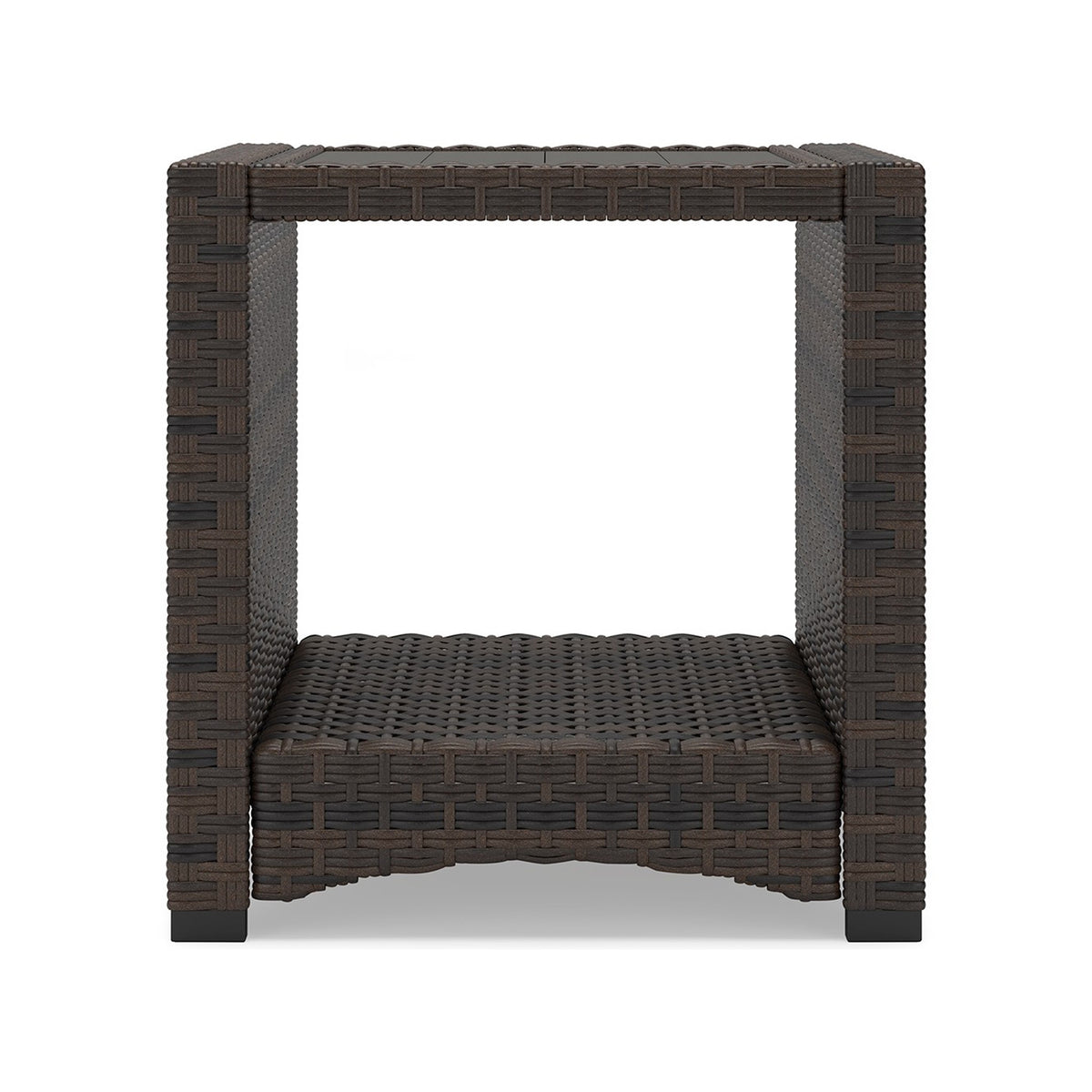 Zivi 23 Inch Outdoor Side End Table, Resin Wicker, 1 Bottom Shelf, Brown - BM315958