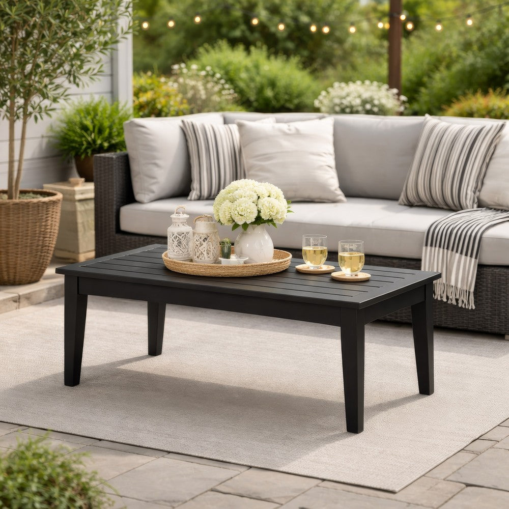 Fini 44 Inch Outdoor Coffee Table, Slatted Top, Modern Style, Black Finish - BM315961