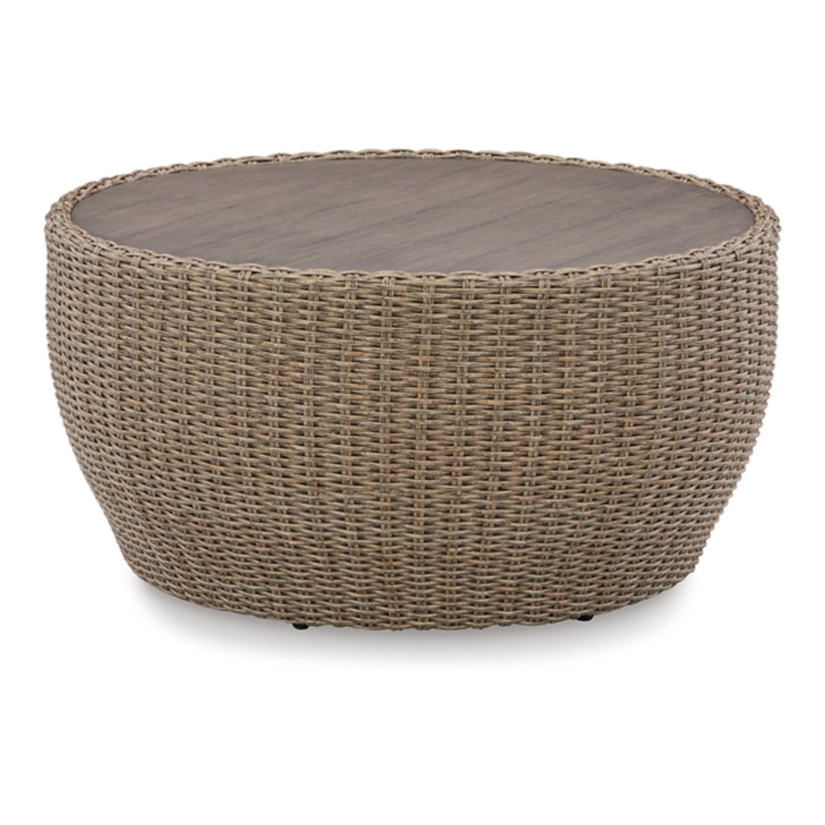 36 Inch Outdoor Coffee Table, Curved, Handwoven Resin Wicker, Beige Finish - BM315974