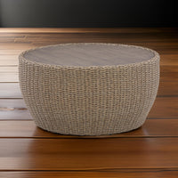 36 Inch Outdoor Coffee Table, Curved, Handwoven Resin Wicker, Beige Finish - BM315974