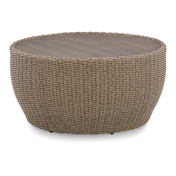 36 Inch Outdoor Coffee Table, Curved, Handwoven Resin Wicker, Beige Finish - BM315974