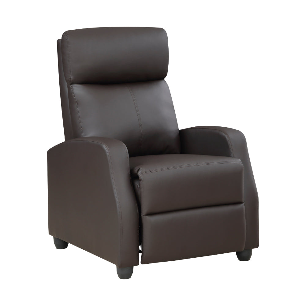 Jiana 35 Inch Push Back Recliner Chair, Brown Faux Leather, Solid Wood - BM315991