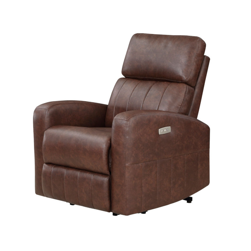 Eva 38 Inch Power Lift Recliner Chair, Brown Faux Leather, Solid Wood - BM315999