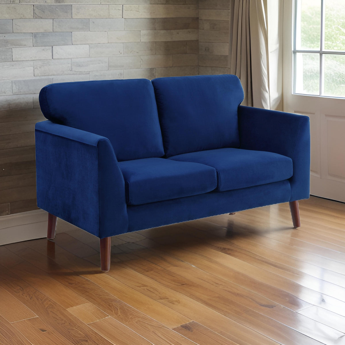 Brad 58 Inch Loveseat, Blue Velvet Reversible Cushions, Dark Brown Legs - BM316007