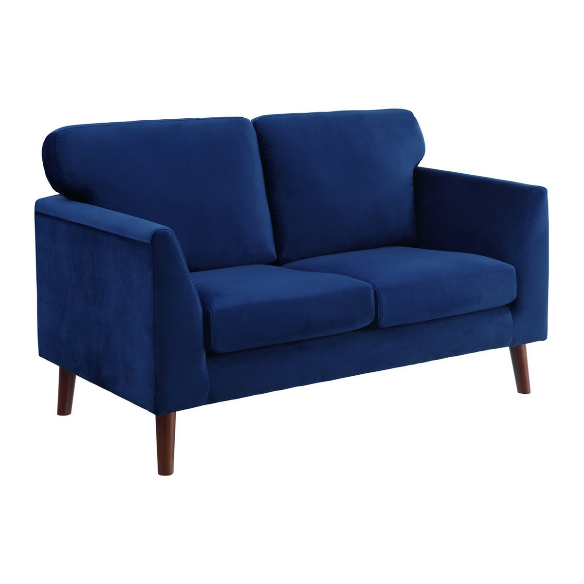 Brad 58 Inch Loveseat, Blue Velvet Reversible Cushions, Dark Brown Legs - BM316007