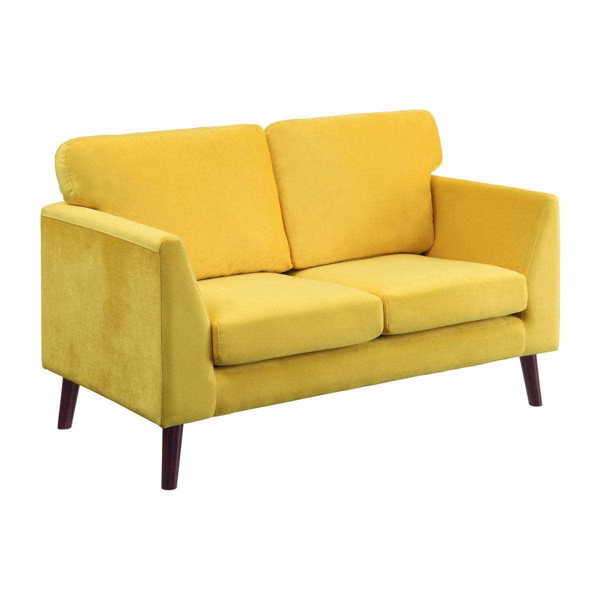 Brad 58 Inch Loveseat, Yellow Velvet, Reversible Cushions, Dark Brown Wood - BM316011