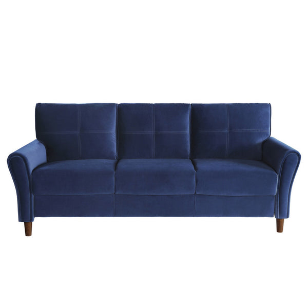 Sarah 80 Inch Sofa, Blue Velvet, Stitch Tufting, Reversible Cushions - BM316020