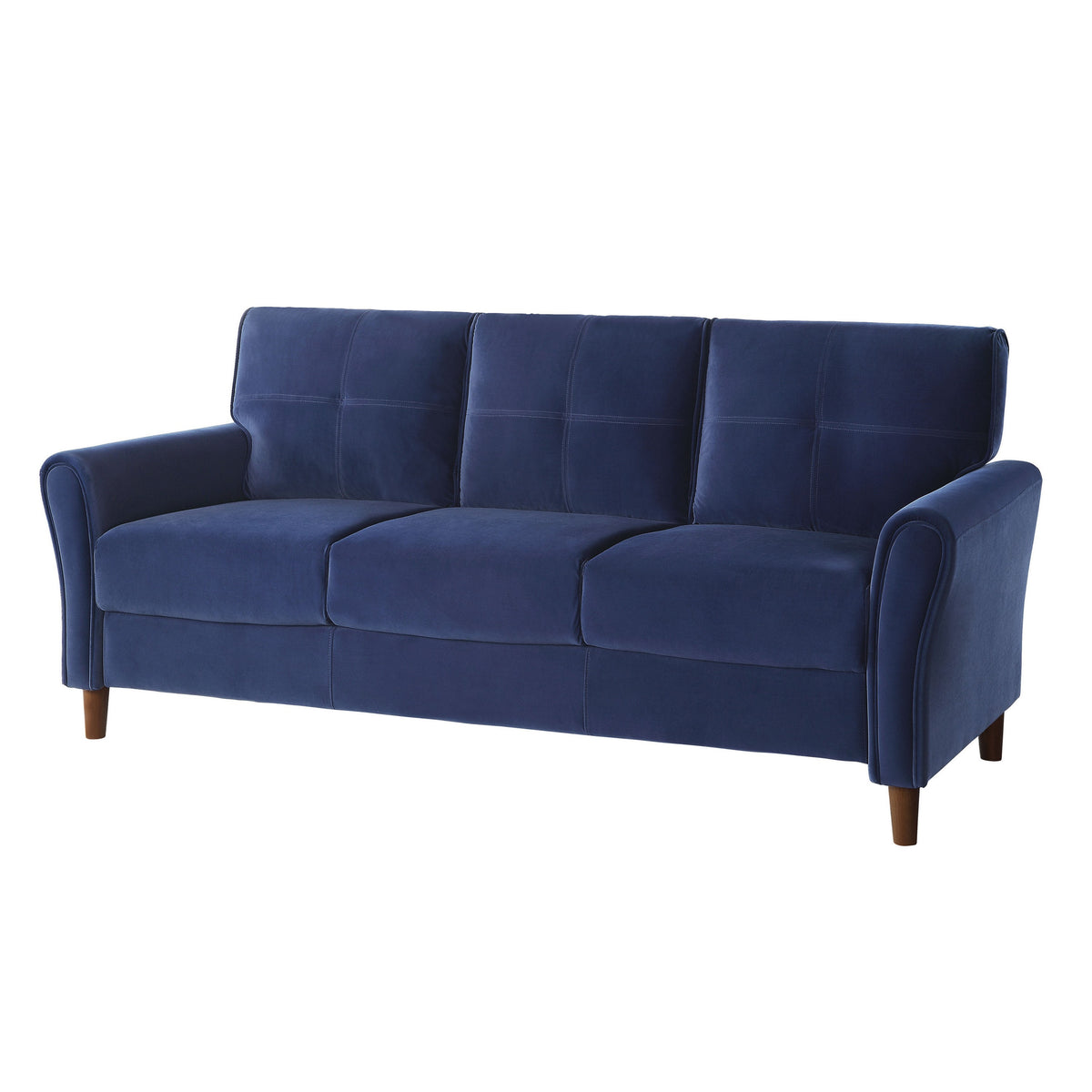 Sarah 80 Inch Sofa, Blue Velvet, Stitch Tufting, Reversible Cushions - BM316020