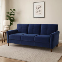Sarah 80 Inch Sofa, Blue Velvet, Stitch Tufting, Reversible Cushions - BM316020