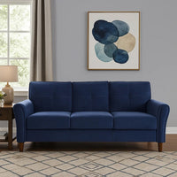 Sarah 80 Inch Sofa, Blue Velvet, Stitch Tufting, Reversible Cushions - BM316020