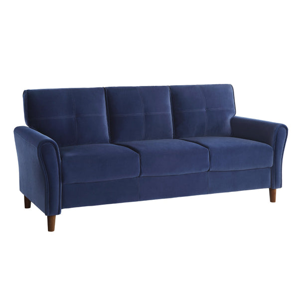 Sarah 80 Inch Sofa, Blue Velvet, Stitch Tufting, Reversible Cushions - BM316020
