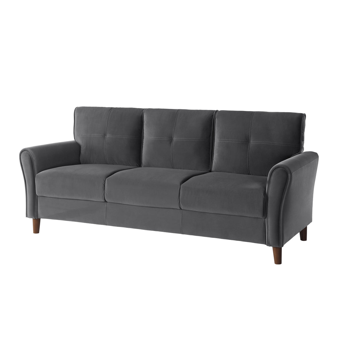 Sarah 80 Inch Sofa, Gray Velvet, Stitch Tufting, Reversible Cushions - BM316022