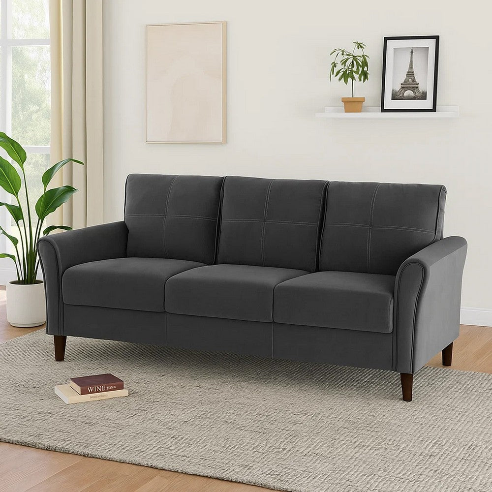 Sarah 80 Inch Sofa, Gray Velvet, Stitch Tufting, Reversible Cushions - BM316022