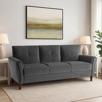 Sarah 80 Inch Sofa, Gray Velvet, Stitch Tufting, Reversible Cushions - BM316022