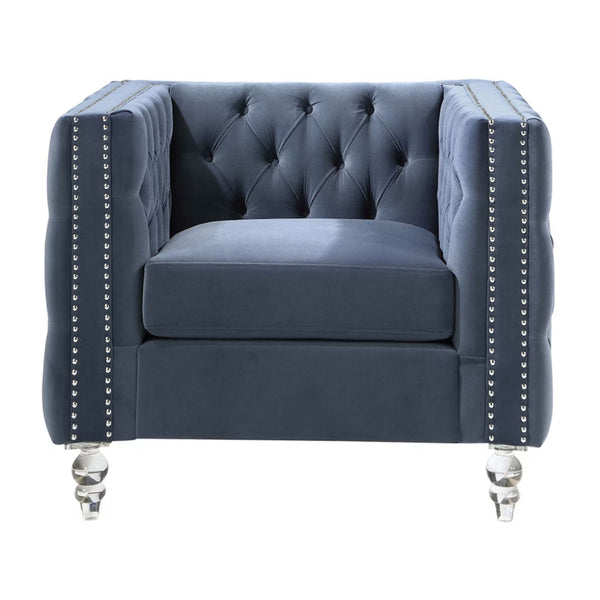 Gigi 34 Inch Accent Chair, Blue Velvet, Nailhead Trim, Reversible Cushions - BM316023