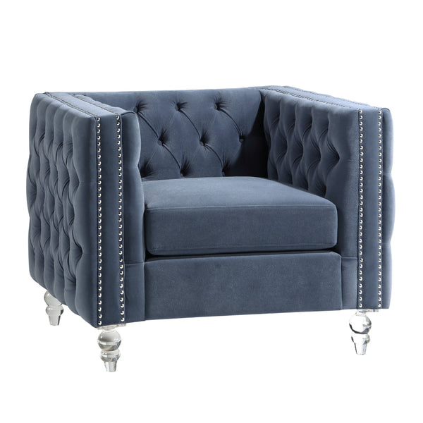 Gigi 34 Inch Accent Chair, Blue Velvet, Nailhead Trim, Reversible Cushions - BM316023