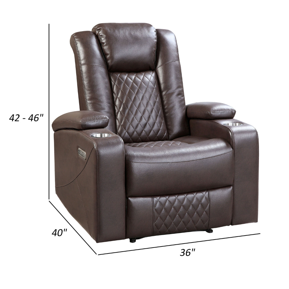 Alan 40 Inch Power Recliner Chair, Brown Faux Leather, USB, Cupholders - BM316030