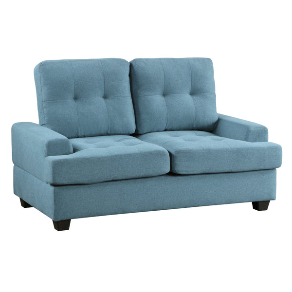 Stan 62 Inch Loveseat, Blue Polyester, Tufting, Soft Cushions, Solid Wood - BM316033