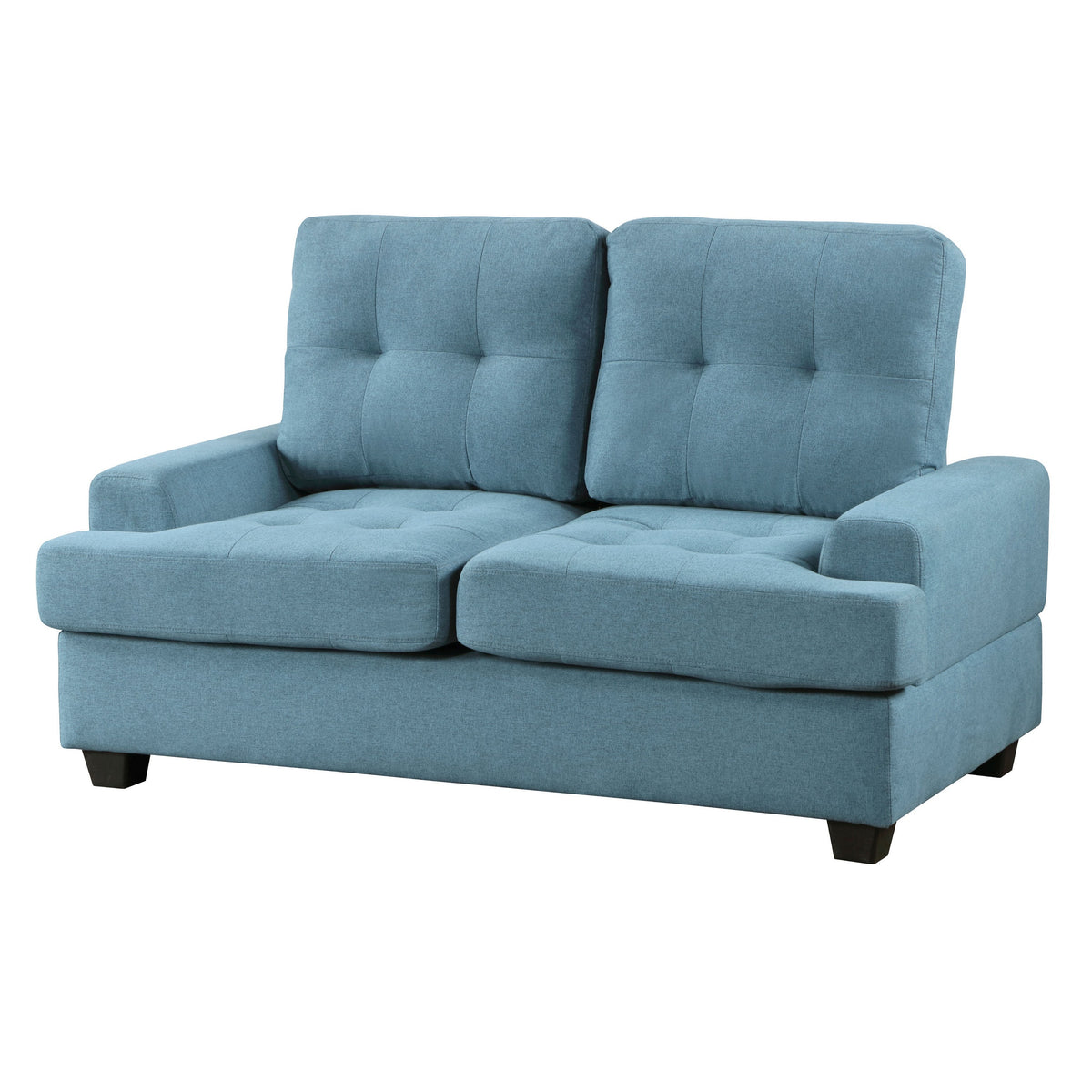 Stan 62 Inch Loveseat, Blue Polyester, Tufting, Soft Cushions, Solid Wood - BM316033