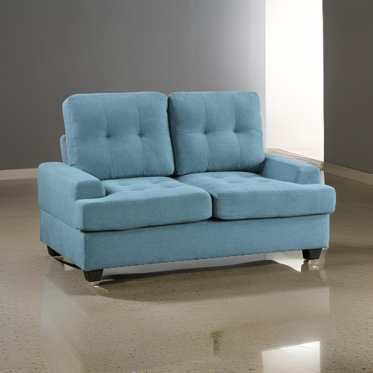 Stan 62 Inch Loveseat, Blue Polyester, Tufting, Soft Cushions, Solid Wood - BM316033