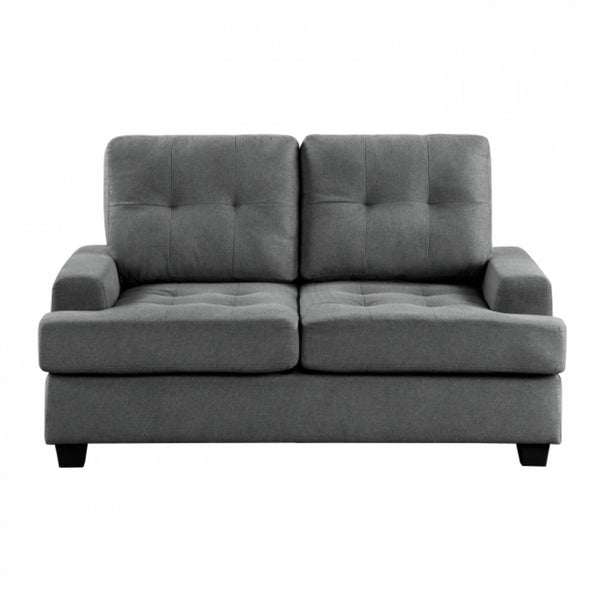 Stan 62 Inch Loveseat, Dark Gray Polyester, Tufting, Cushions, Solid Wood - BM316034