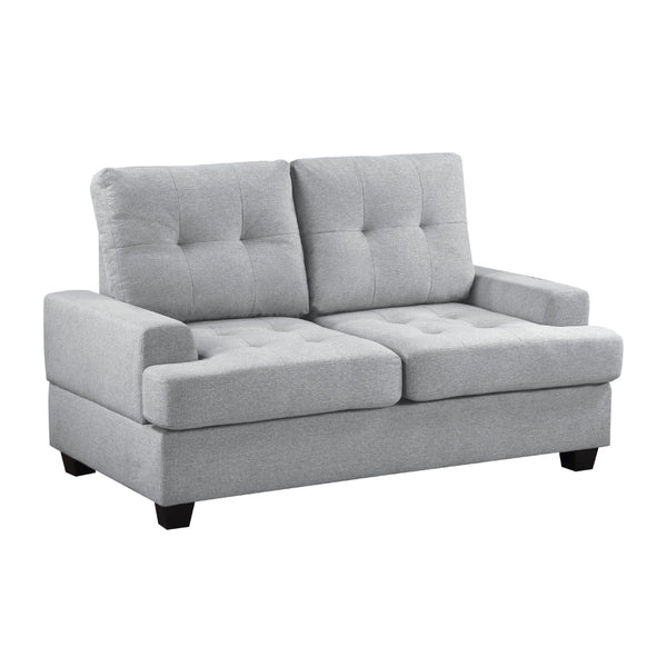 Stan 62 Inch Loveseat, Gray Polyester, Tufting, Soft Cushions, Solid Wood - BM316035