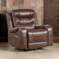 Paul 38 Inch Manual Swivel Glider Recliner Chair, Brown Faux Leather - BM316051