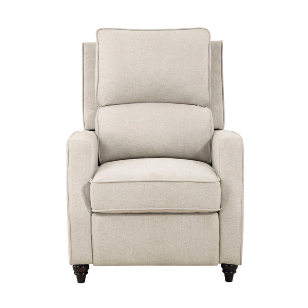 Isac 37 Inch Push Back Recliner Chair, Beige Polyester, Brown Solid Wood  - BM316066