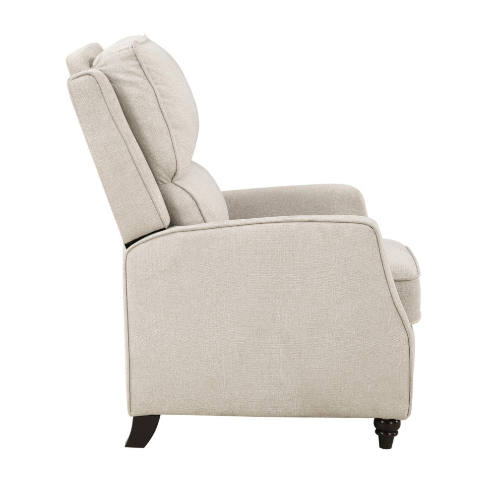 Isac 37 Inch Push Back Recliner Chair, Beige Polyester, Brown Solid Wood  - BM316066