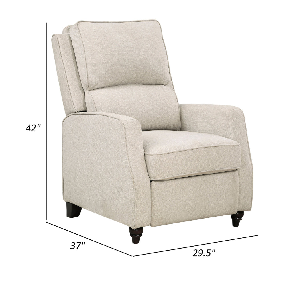 Isac 37 Inch Push Back Recliner Chair, Beige Polyester, Brown Solid Wood  - BM316066