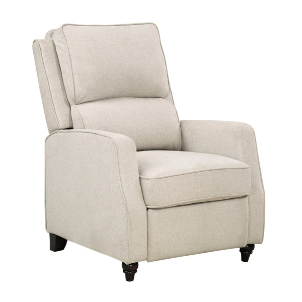 Isac 37 Inch Push Back Recliner Chair, Beige Polyester, Brown Solid Wood  - BM316066