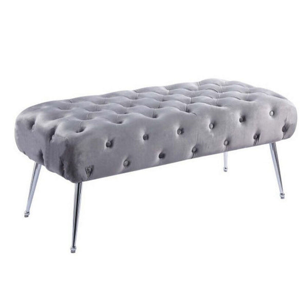 Rey 48 Inch Accent Bench, Tufted Gray Velvet Upholstery Padded Seat, Chrome - BM316068