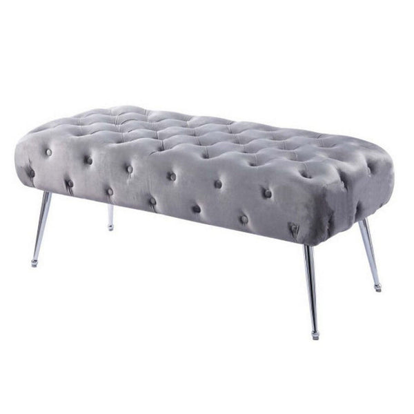 Rey 48 Inch Accent Bench, Tufted Gray Velvet Upholstery Padded Seat, Chrome - BM316068