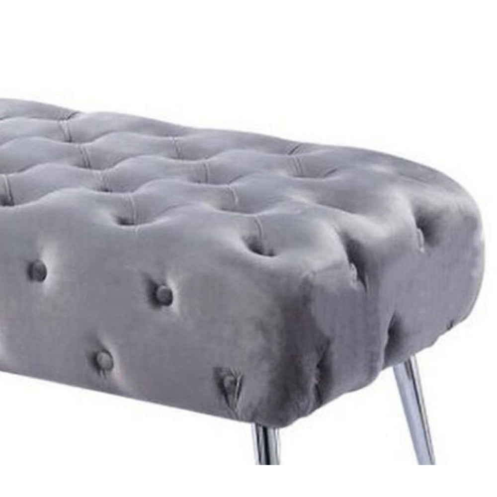 Rey 48 Inch Accent Bench, Tufted Gray Velvet Upholstery Padded Seat, Chrome - BM316068