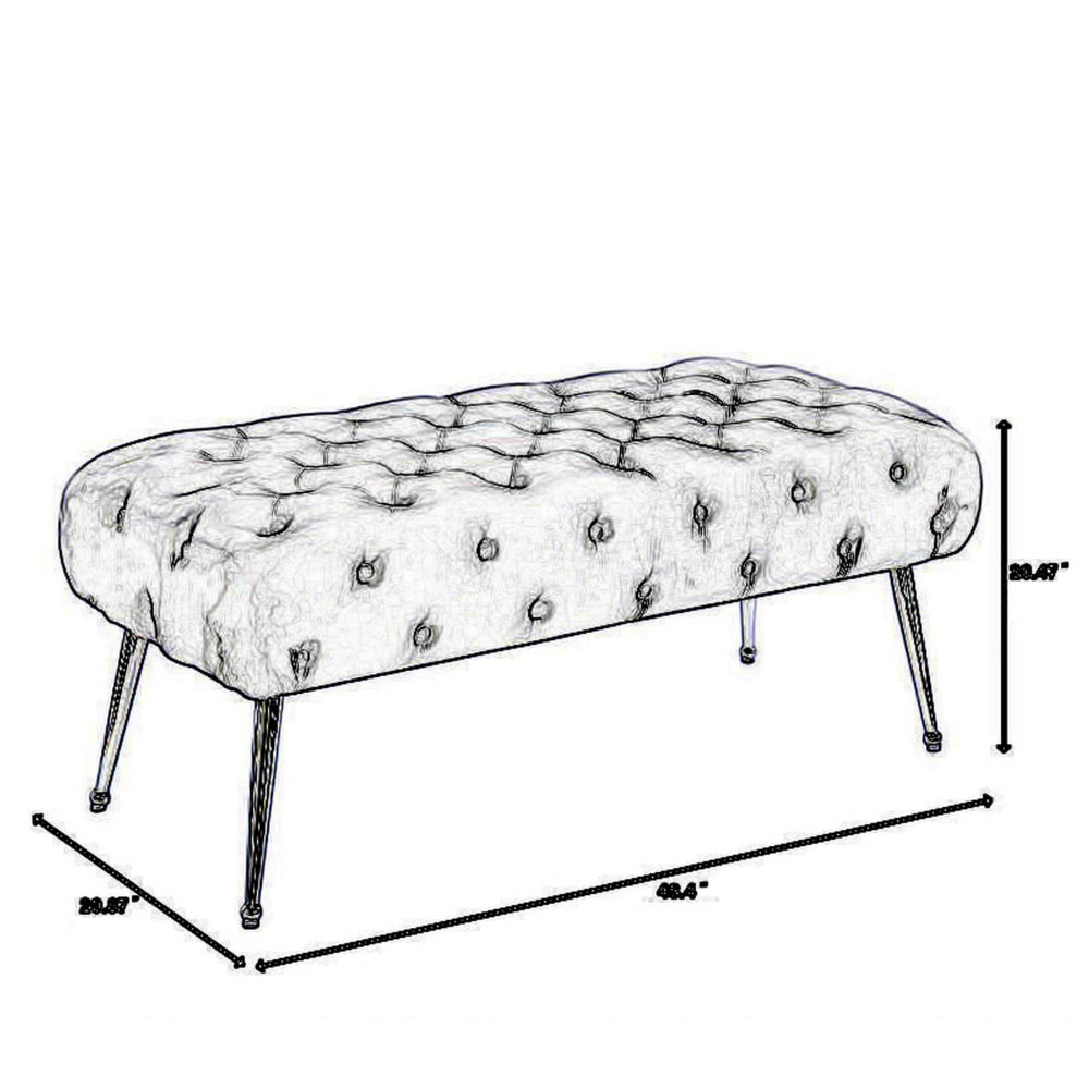 Rey 48 Inch Accent Bench, Tufted Gray Velvet Upholstery Padded Seat, Chrome - BM316068