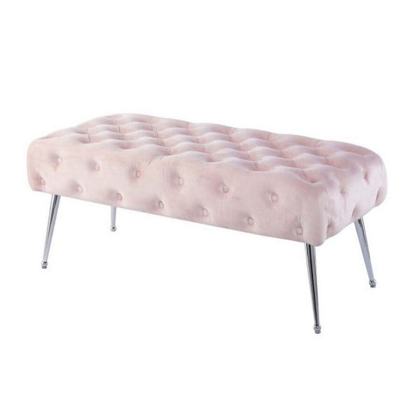 Rey 48 Inch Accent Bench, Tufted Pink Velvet Upholstery Padded Seat, Chrome - BM316069