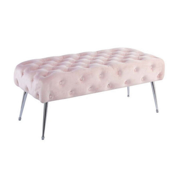 Rey 48 Inch Accent Bench, Tufted Pink Velvet Upholstery Padded Seat, Chrome - BM316069