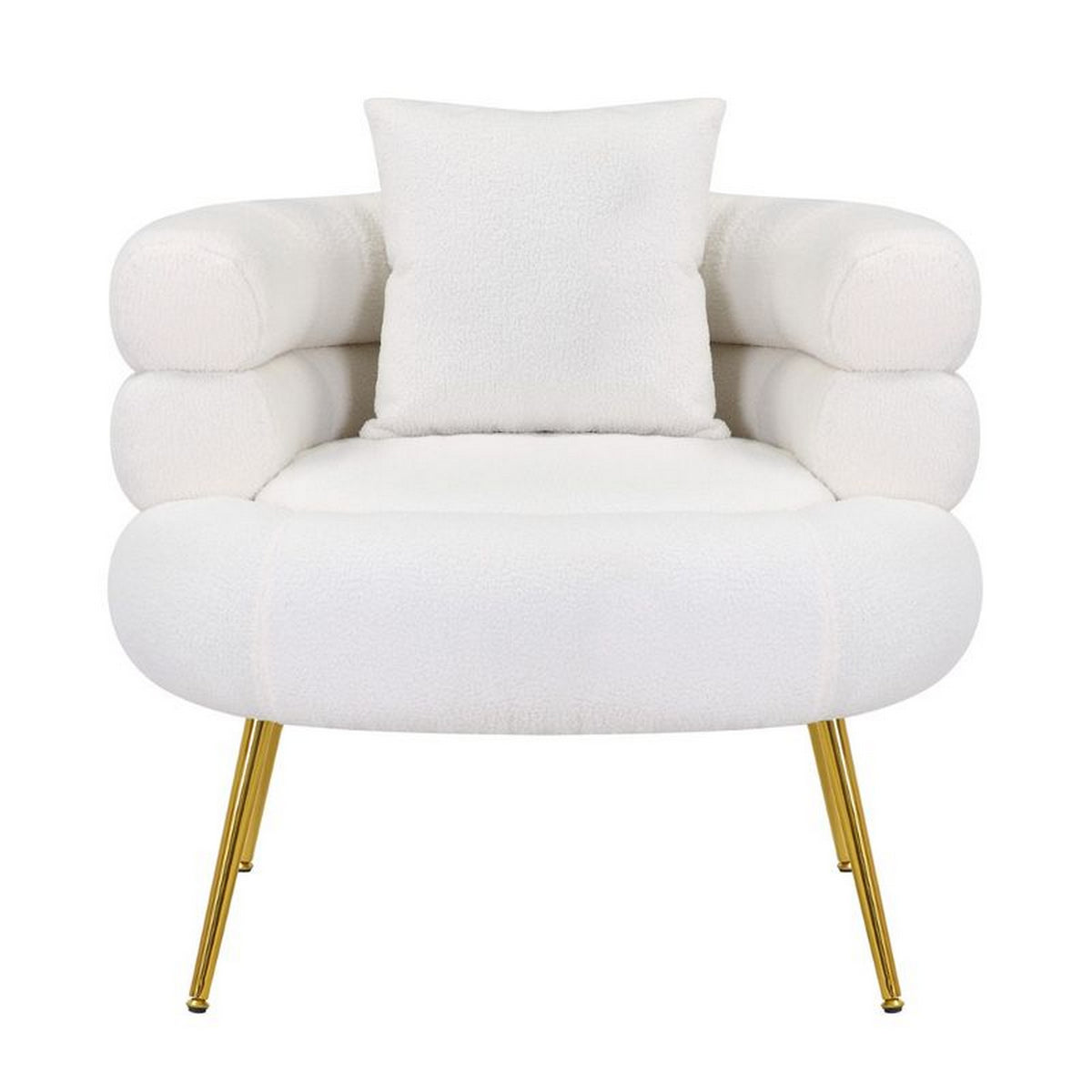 Lisa 34 Inch Accent Chair, Barrel Shaped, Soft Ivory Teddy Upholstery, Gold - BM316072