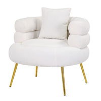 Lisa 34 Inch Accent Chair, Barrel Shaped, Soft Ivory Teddy Upholstery, Gold - BM316072