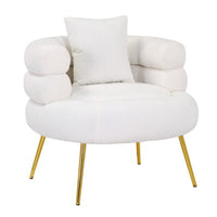 Lisa 34 Inch Accent Chair, Barrel Shaped, Soft Ivory Teddy Upholstery, Gold - BM316072