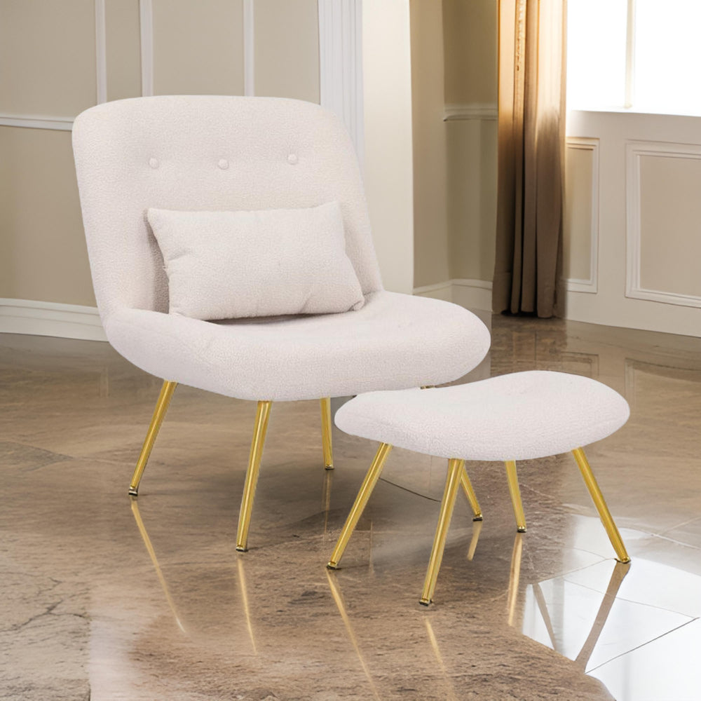 Lea 2pc Accent Lounge Chair and Ottoman Set, Tan Teddy Upholstery, Gold - BM316075