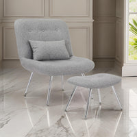 Lea 2pc Modern Lounge Chair and Ottoman Set, Gray Woven Upholstery, Chrome - BM316076