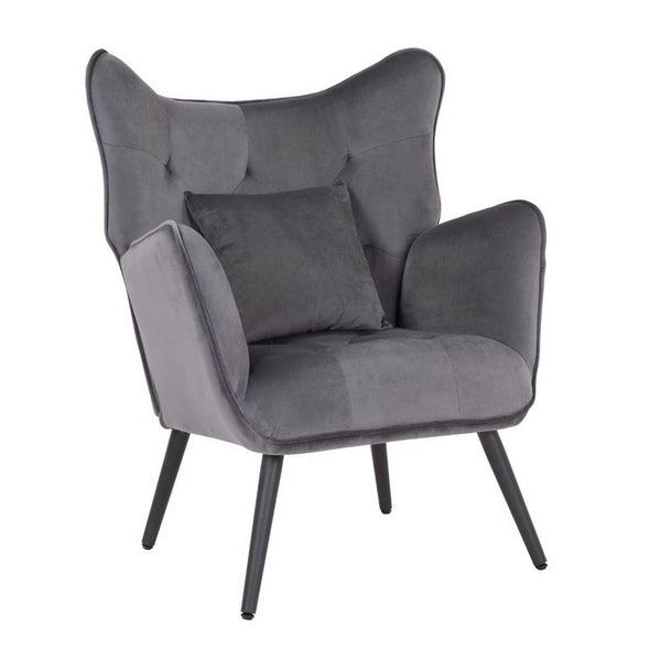 Ive 30 Inch Accent Chair, Wingback, Padded Gray Velvet Upholstery, Black - BM316077