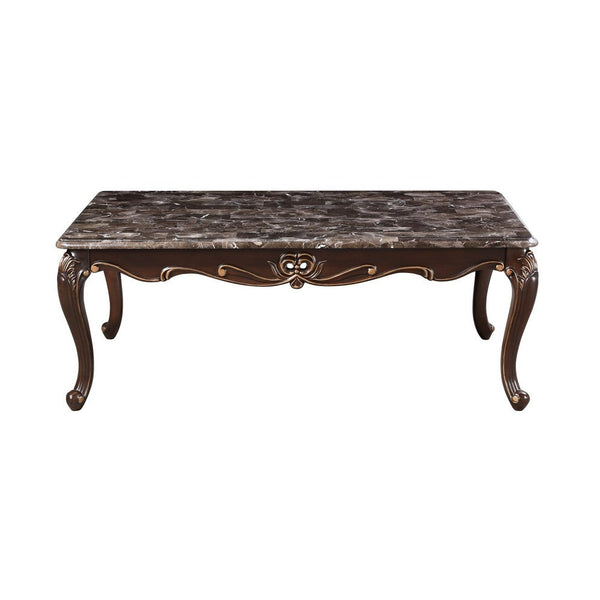 Cona 54 Inch Cocktail Coffee Table, Carved Gold Accent, Cherry Brown, Gray - BM316106